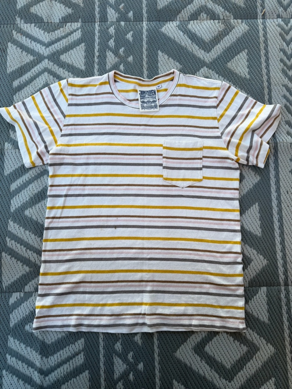 Jungmaven White Striped Pocket Tee with Yellow and Brown Stripes